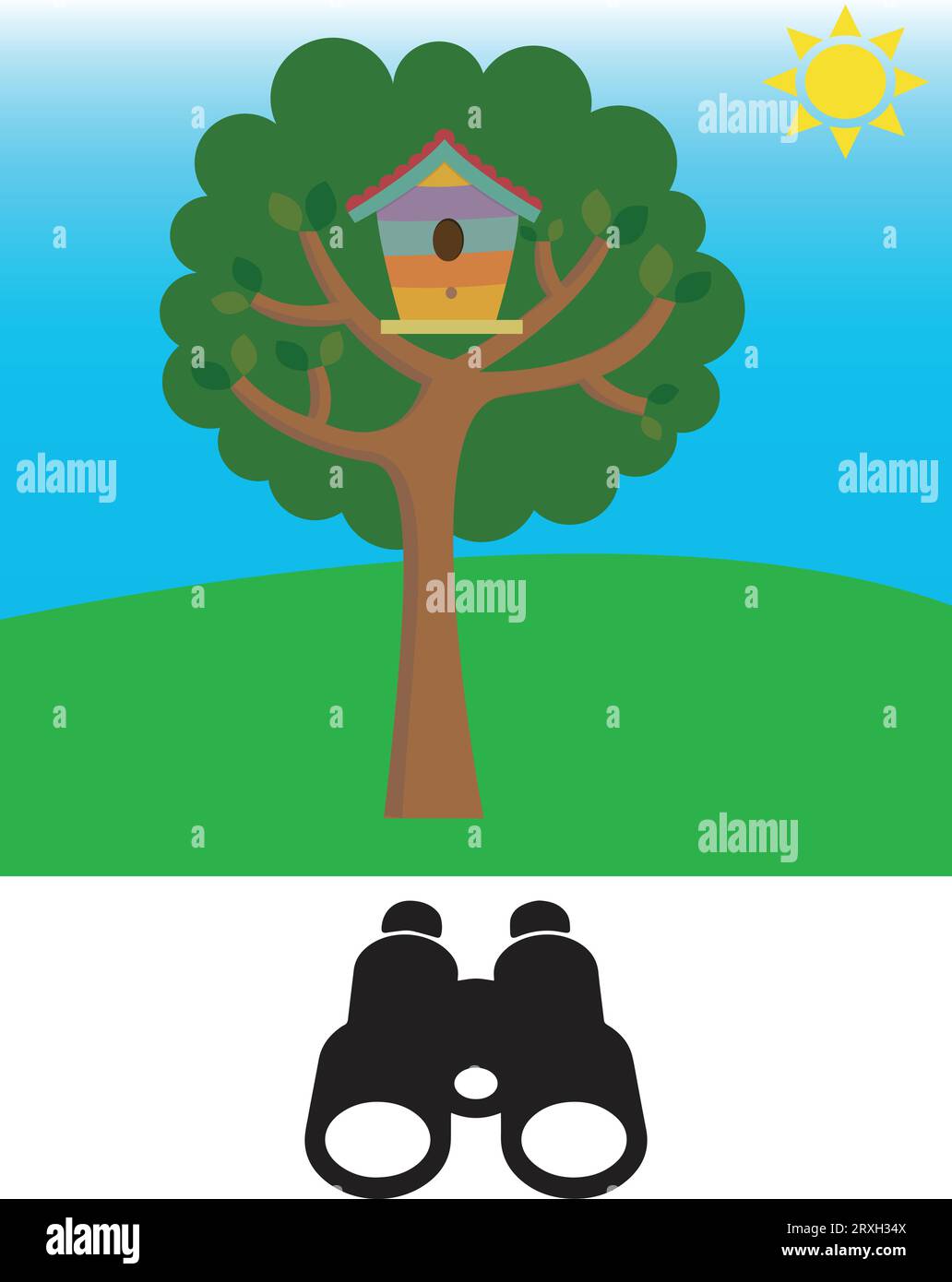 Paisaje con un árbol y una casa de aves en él y binoculares, concepto de observación de aves Ilustración del Vector