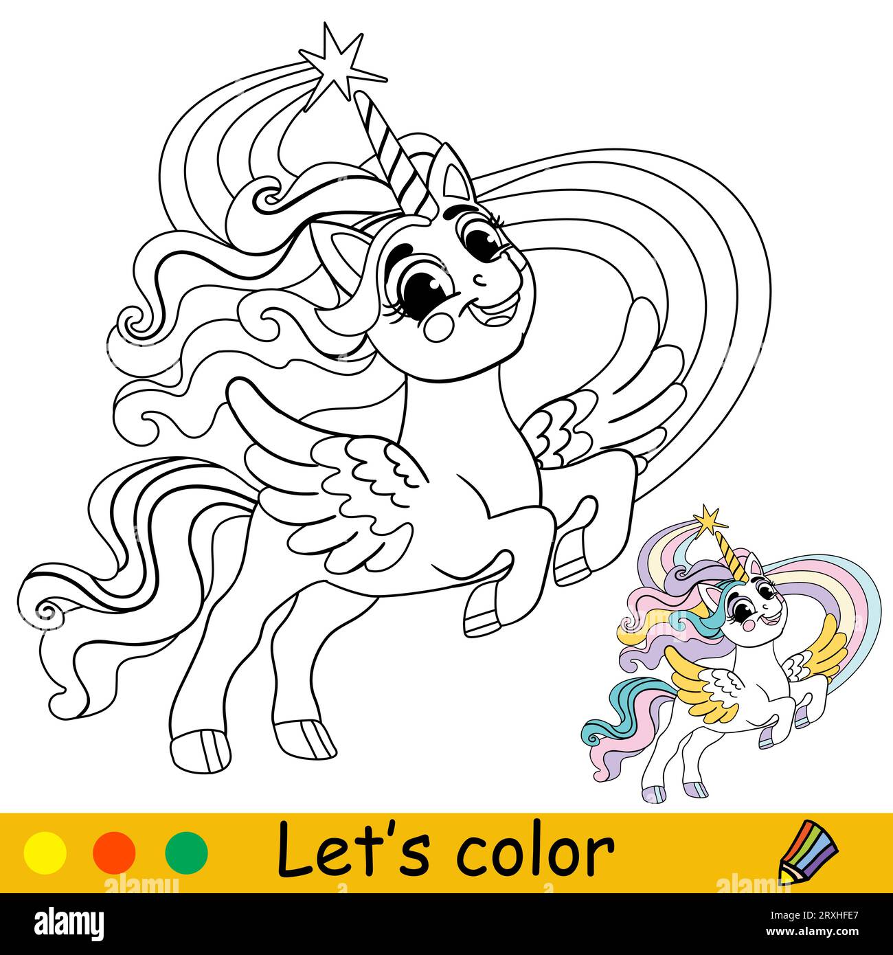 Lindos pegatinas unicornio con una ilustración del personaje de dibujos  animados de pegasus del arco iris Imagen Vector de stock - Alamy