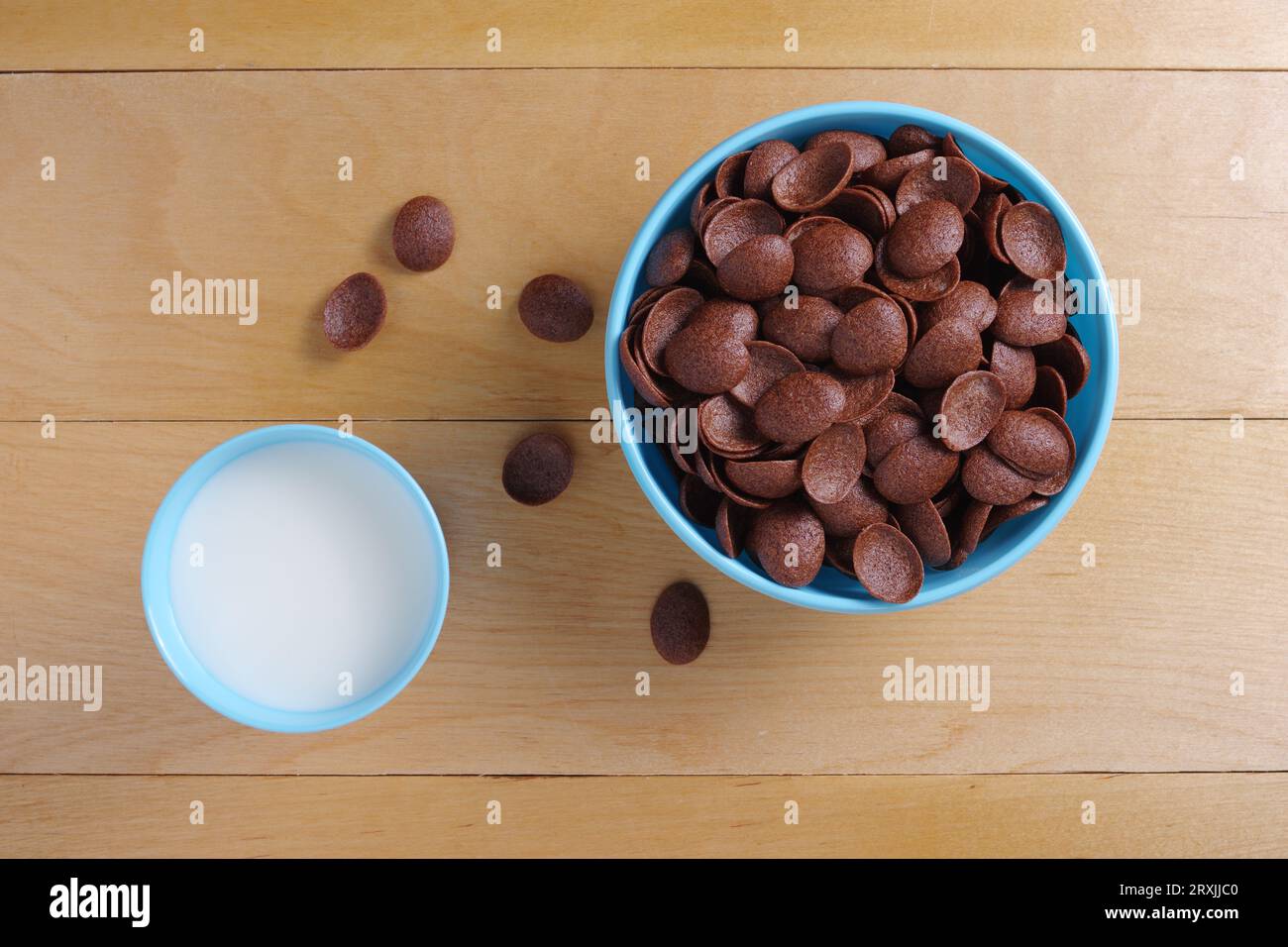 Directamente encima de la vista de los copos de maíz de chocolate en el tazón y el vaso de leche en la mesa de madera. Platos de plástico azul Foto de stock
