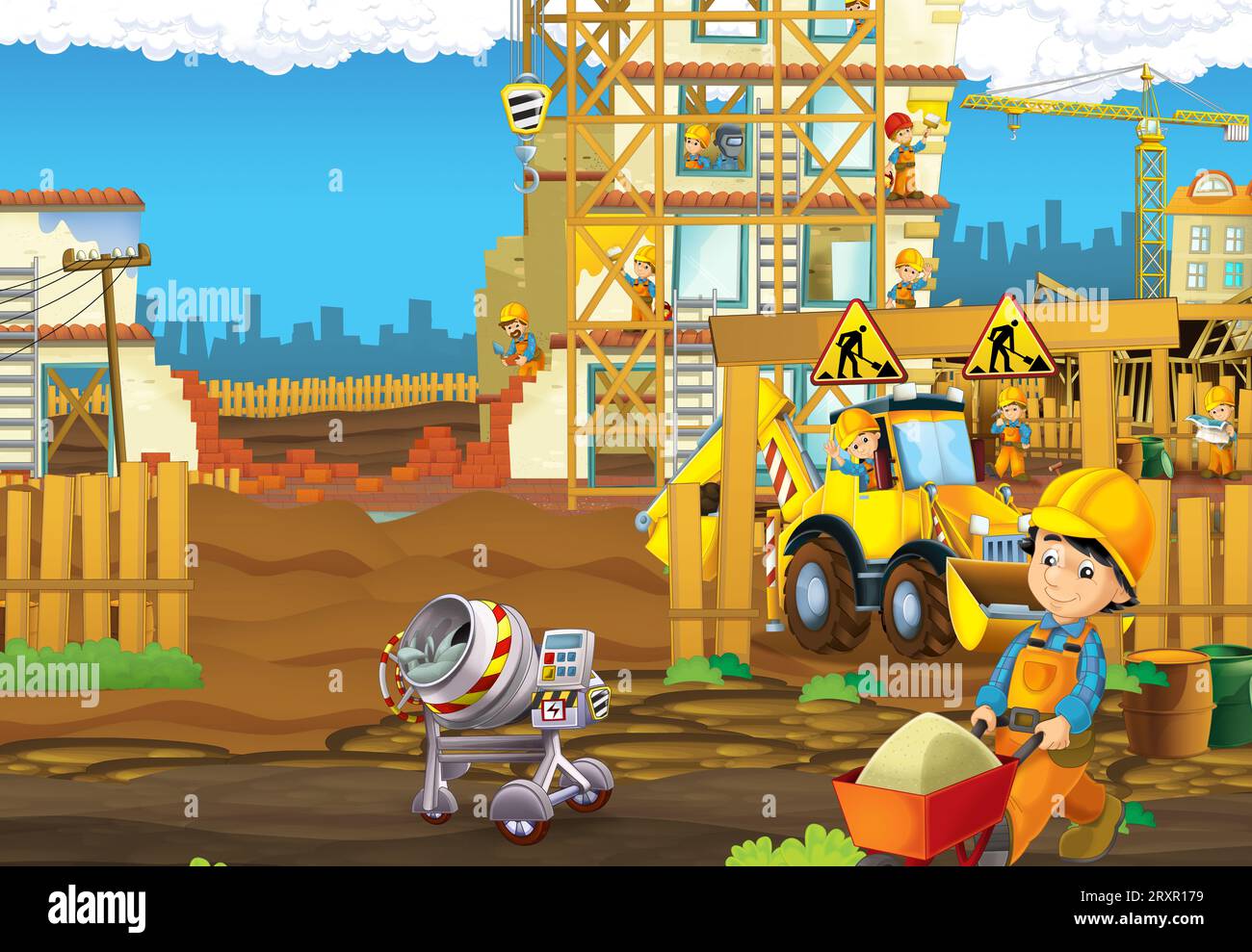 escena de dibujos animados con el sitio de construcción de la industria