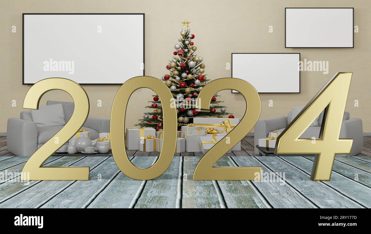 3D ilustración. Año Nuevo 2024. Año Nuevo 2024 en números y con