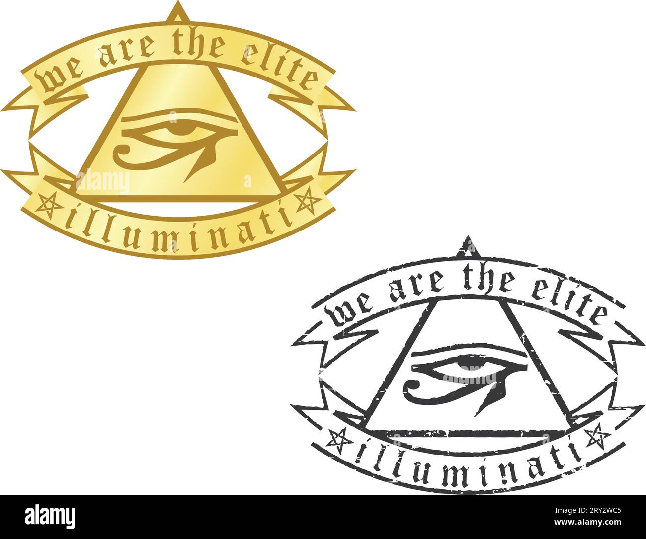 Dos signos ocultistas illuminati (dorado y negro). Ojo de Horus en un triángulo con cintas Ilustración del Vector