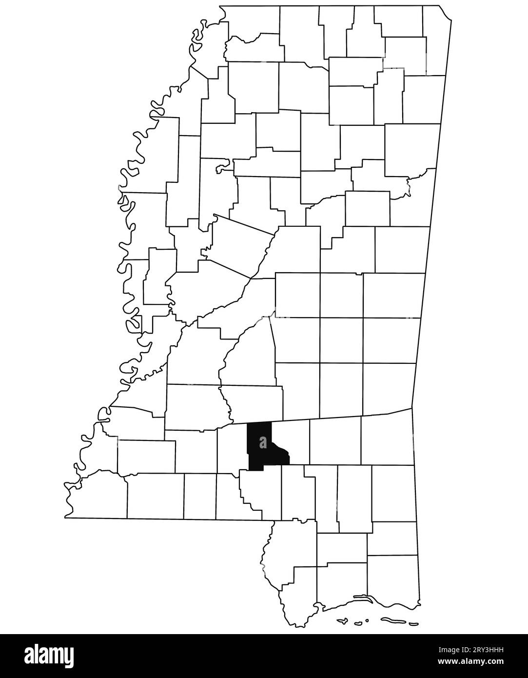 Mapa del condado de Jefferson davis en el estado de Mississippi sobre fondo blanco. Mapa del condado único resaltado por color negro en el mapa de Mississippi. Estados Unidos Foto de stock