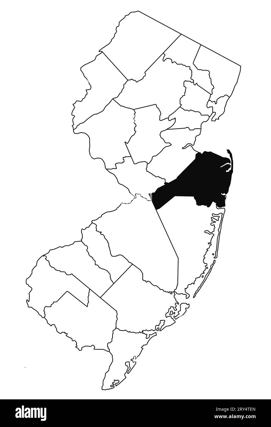 Mapa del condado de Monmouth en el estado de Nueva Jersey sobre fondo blanco. Mapa de Condado único resaltado por color negro en el mapa de jersey nuevo. Foto de stock