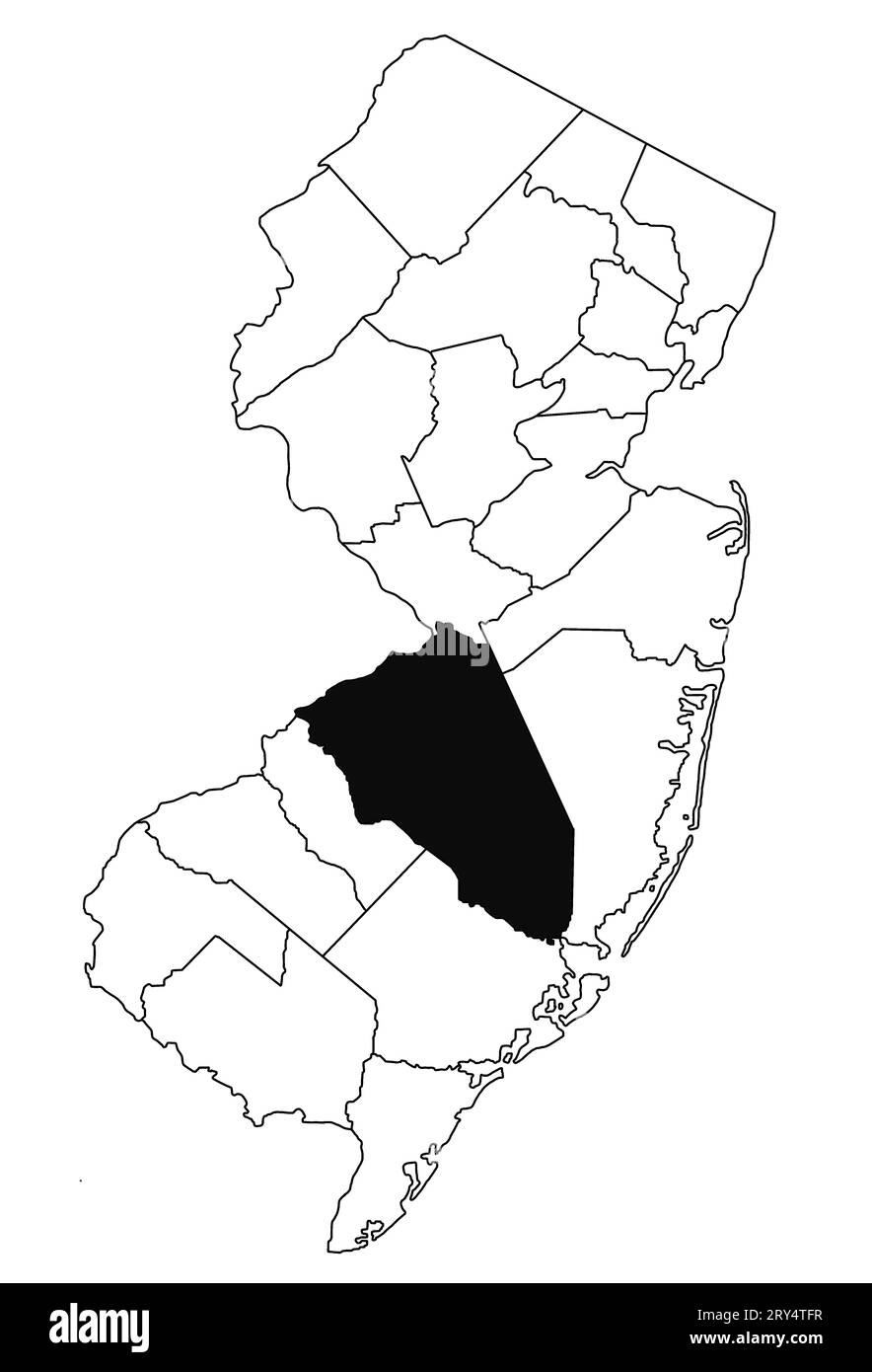 Mapa del condado de Burlington en el estado de Nueva Jersey sobre fondo blanco. Mapa de Condado único resaltado por color negro en el mapa de jersey nuevo. Foto de stock
