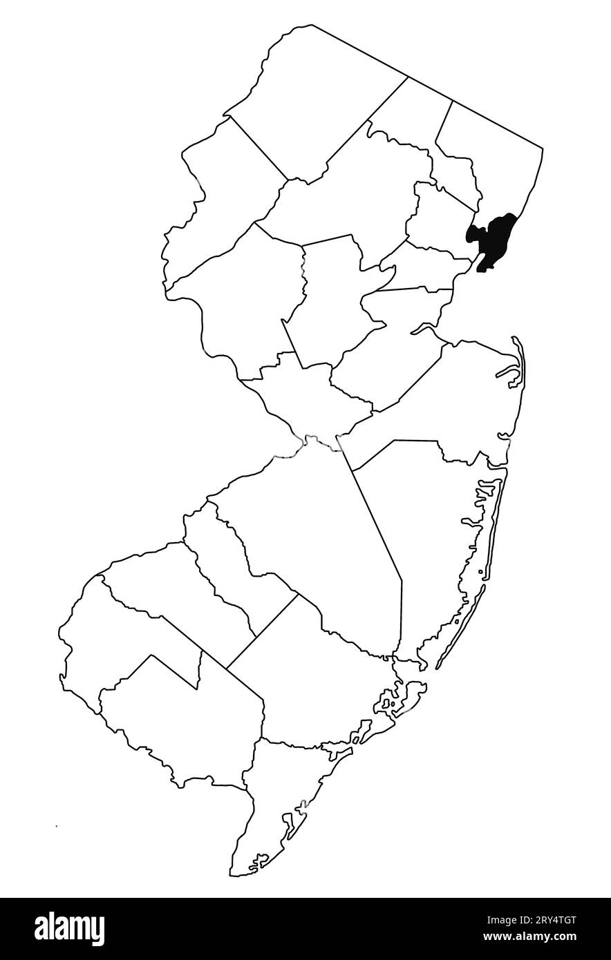 Mapa del condado de Hudson en el estado de Nueva Jersey sobre fondo blanco. Mapa de Condado único resaltado por color negro en el mapa de jersey nuevo. Foto de stock