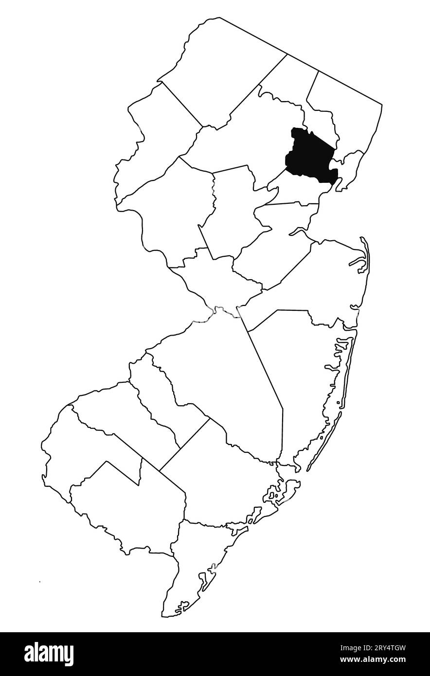 Mapa del condado de Essex en el estado de Nueva Jersey sobre fondo blanco. Mapa de Condado único resaltado por color negro en el mapa de jersey nuevo. Foto de stock