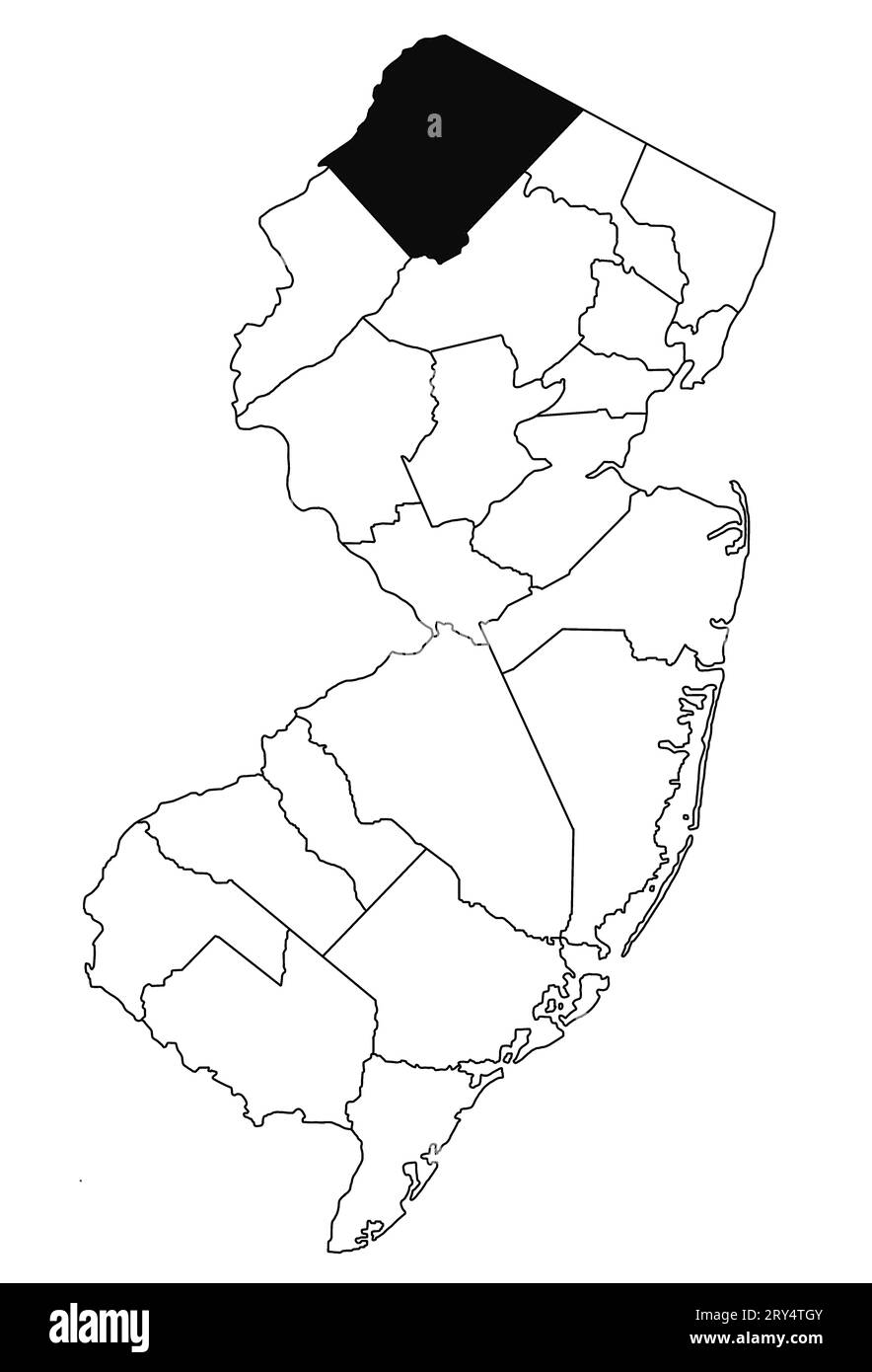 Mapa del condado de Sussex en el estado de Nueva Jersey sobre fondo blanco. Mapa de Condado único resaltado por color negro en el mapa de jersey nuevo. Foto de stock