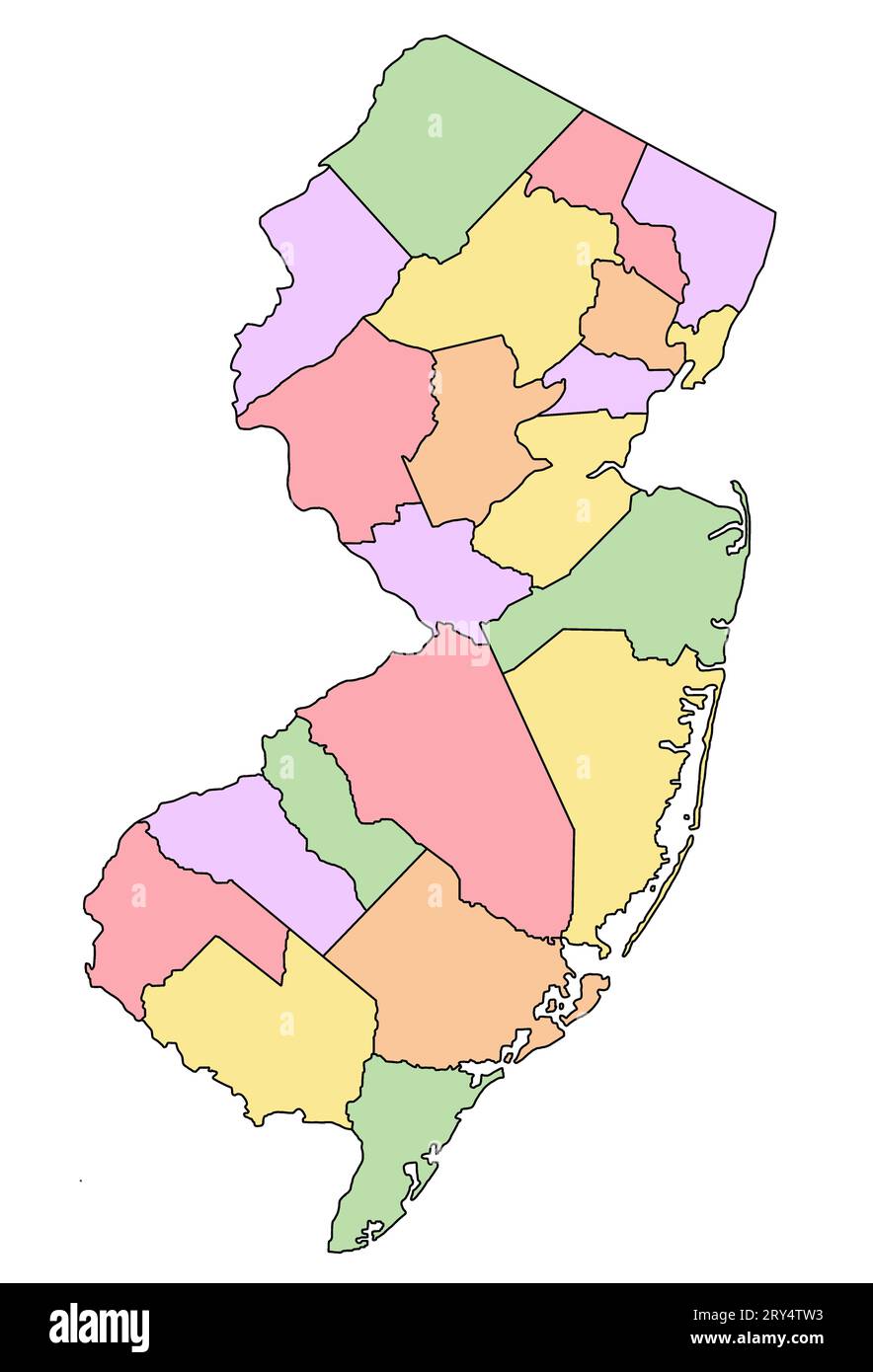 mapa administrativo de new jersey. Mapa de condados de nueva Jersey con diferentes colores, mapa en blanco, mapa vacío de nueva Jersey. Foto de stock