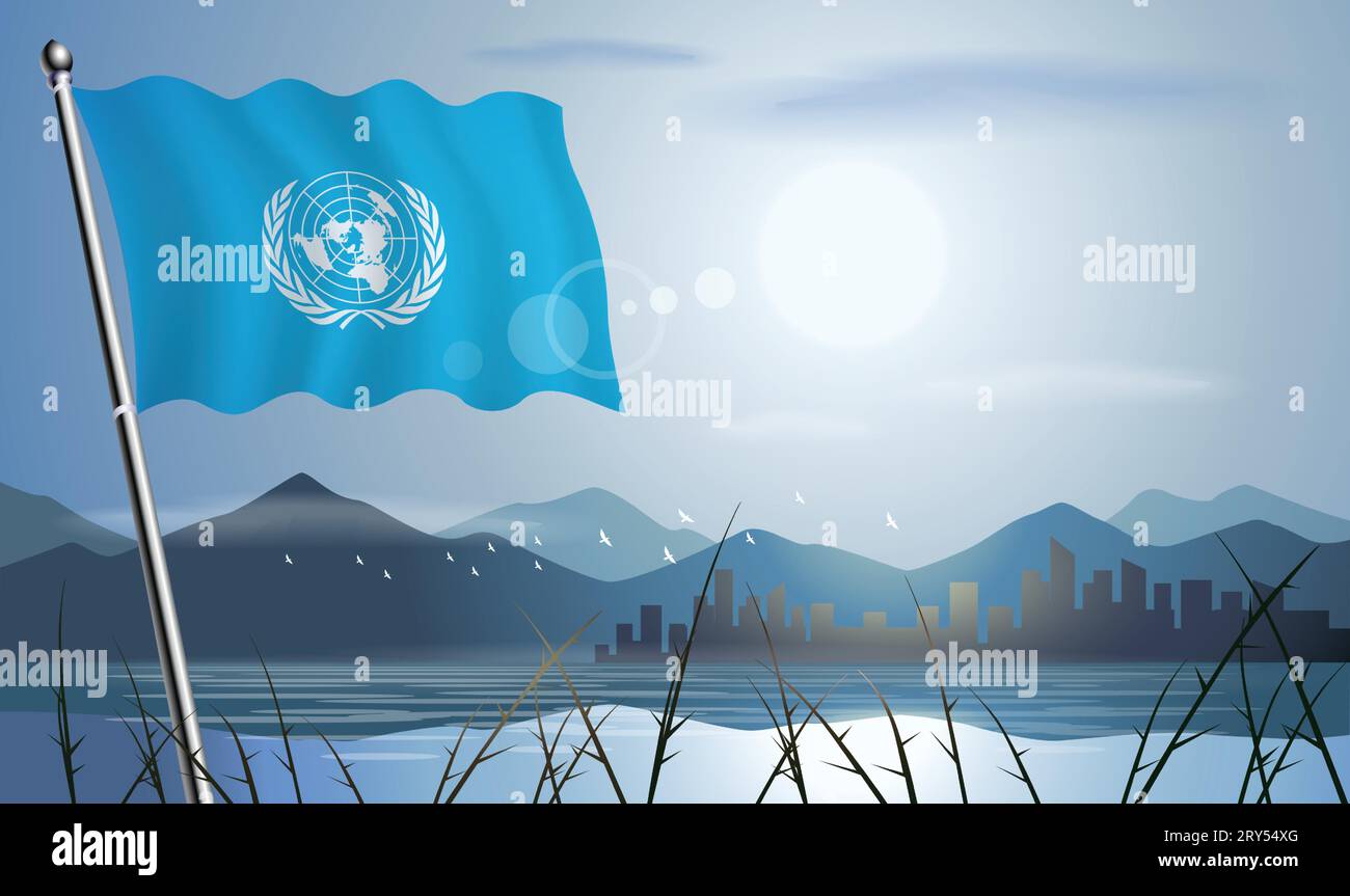 Bandera de las Naciones Unidas con fondo de sol de montañas y lagos Ilustración del Vector