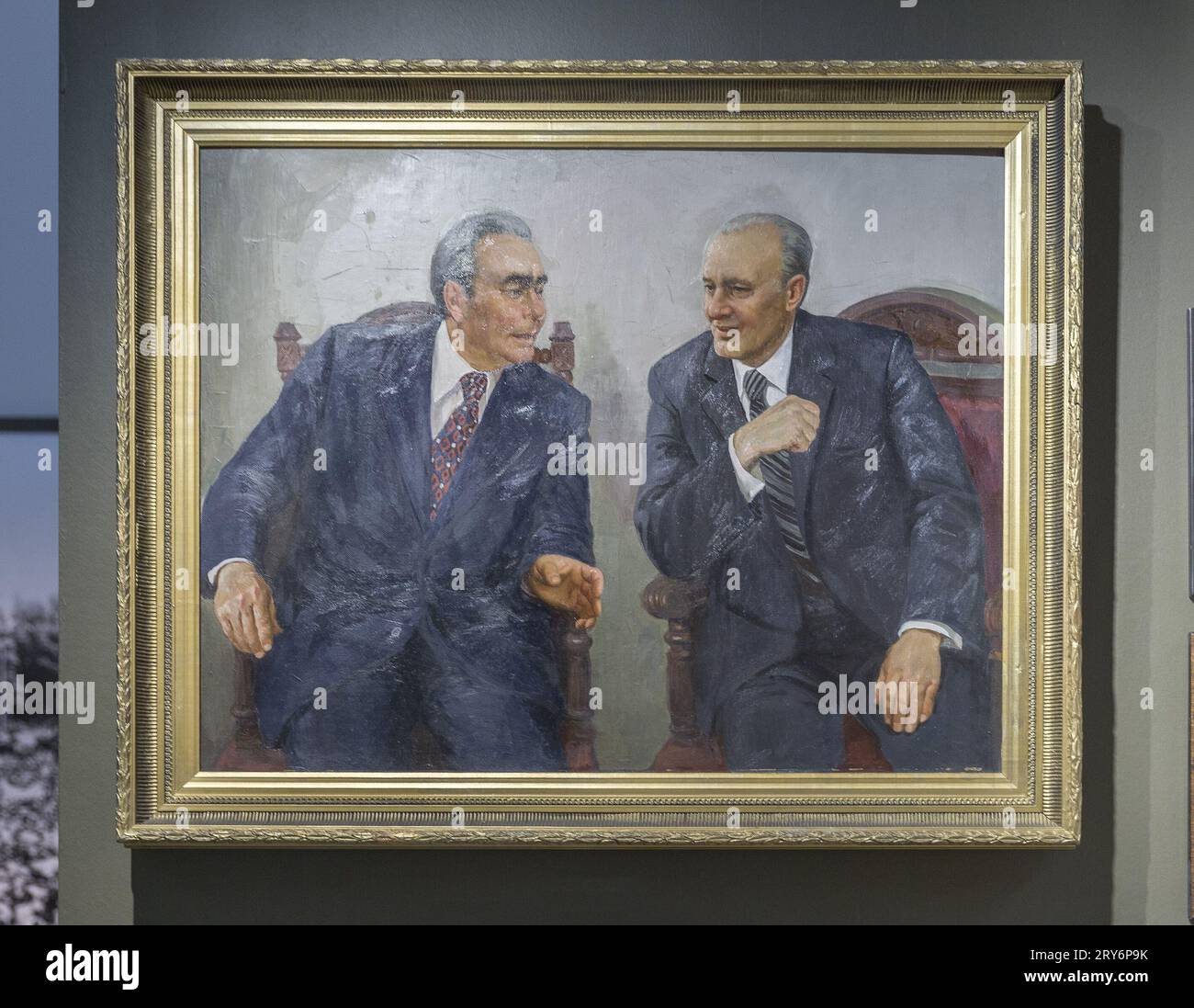 Pintura de Leonid Brezhnev y Janos Kadar Foto de stock