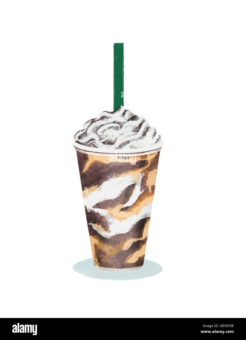 Ilustración vectorial. Vaso de café helado con crema y chocolate. Retire el vidrio aislado sobre fondo blanco Foto de stock