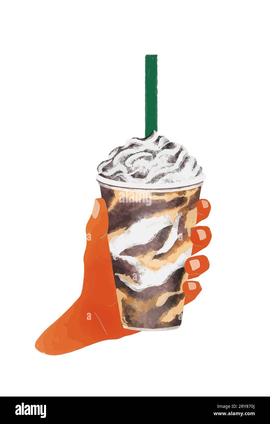 Ilustración vectorial. Mano sosteniendo vaso de frappuccino o café helado con crema y chocolate. Llevar la taza aislada sobre fondo blanco Foto de stock