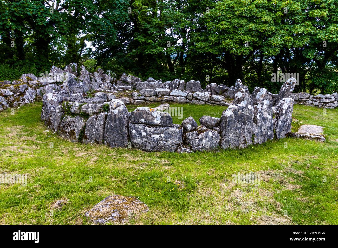 Círculo de cabaña en restos de Din Lligwy, o Din Llugwy antiguo pueblo, cerca de Moelfre, Anglesey, Norte de Gales, Reino Unido, horizontal, ancho, ángulo, ángulo ancho. Foto de stock