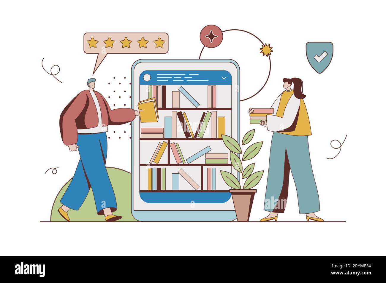 Concepto de biblioteca en línea con situación de carácter en diseño plano. Hombre y mujer leen libros electrónicos y compran libros en línea en librerías en aplicación móvil. V. Ilustración del Vector