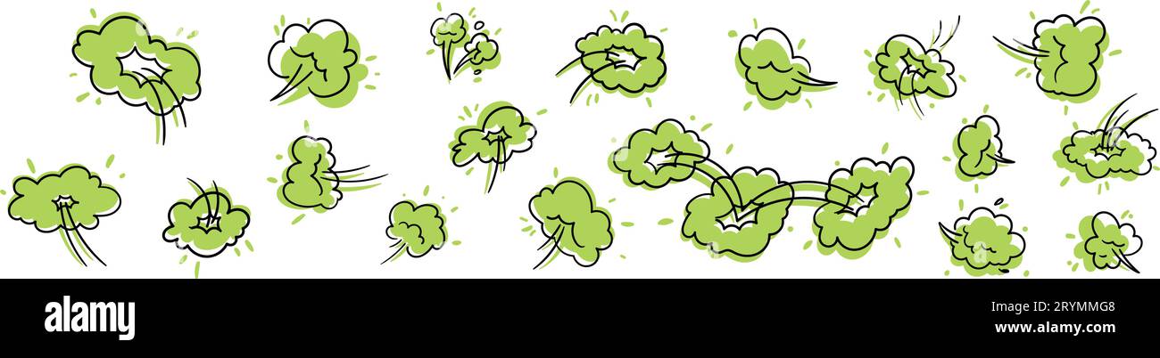 Icono de dibujos animados de mal olor de nube verde apestosa, pedos o gas tóxico. Olor o veneno. Ilustración vectorial plana aislada sobre fondo blanco. Ilustración del Vector