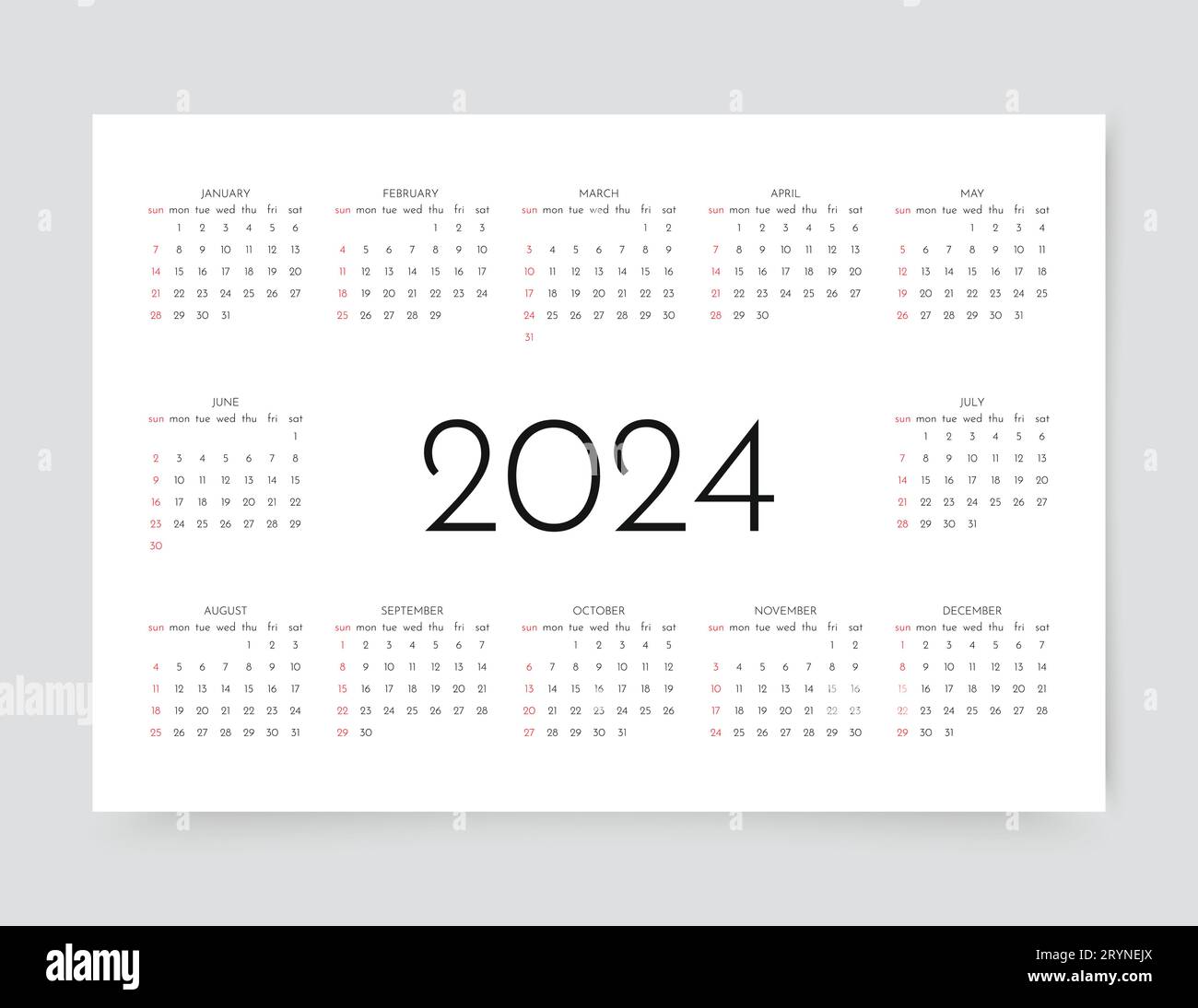 calendario 2024 año. la semana empieza el domingo. plantilla anual