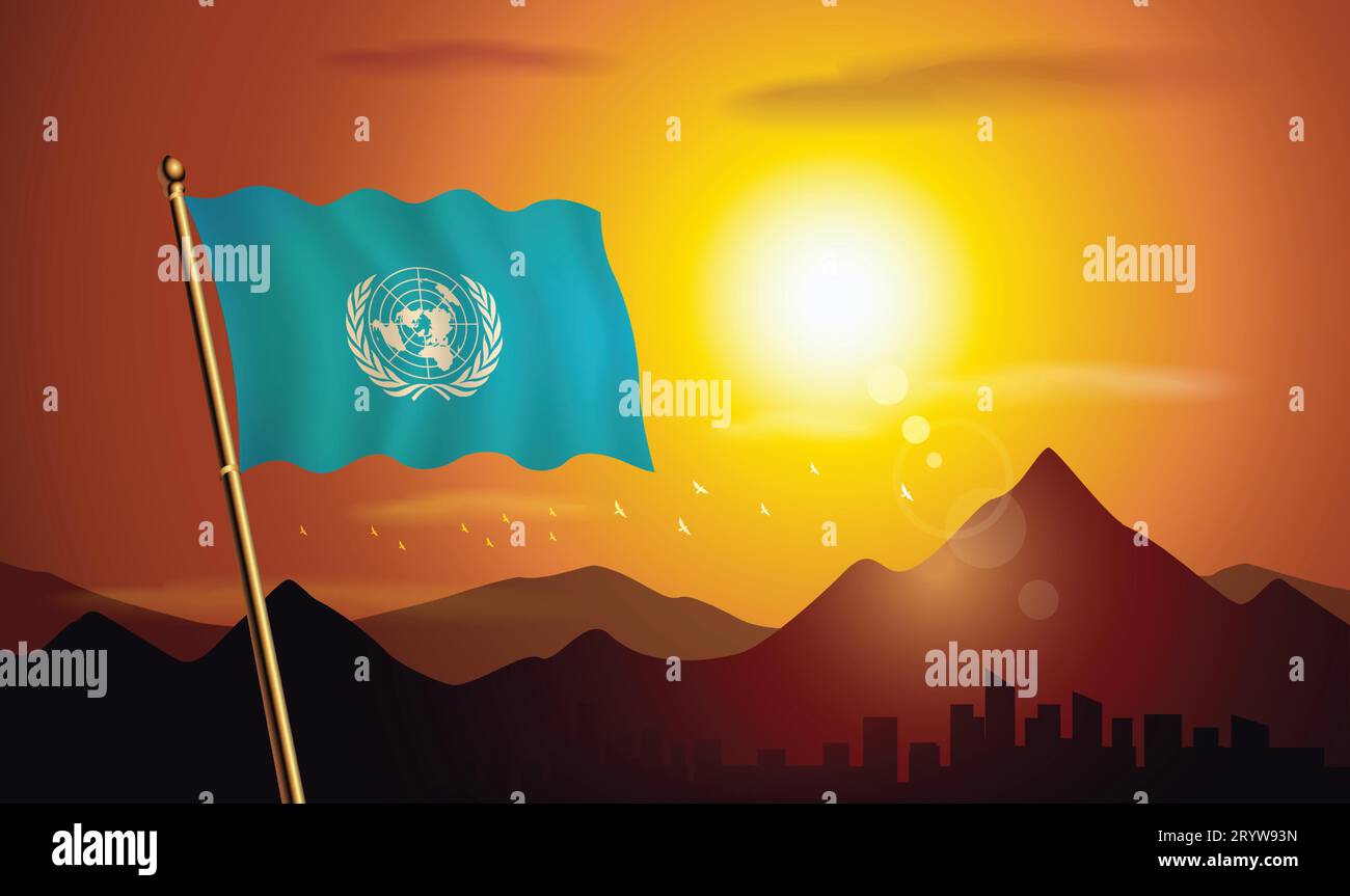 Bandera de las Naciones Unidas con fondo de puesta de sol de montañas y lagos Ilustración del Vector