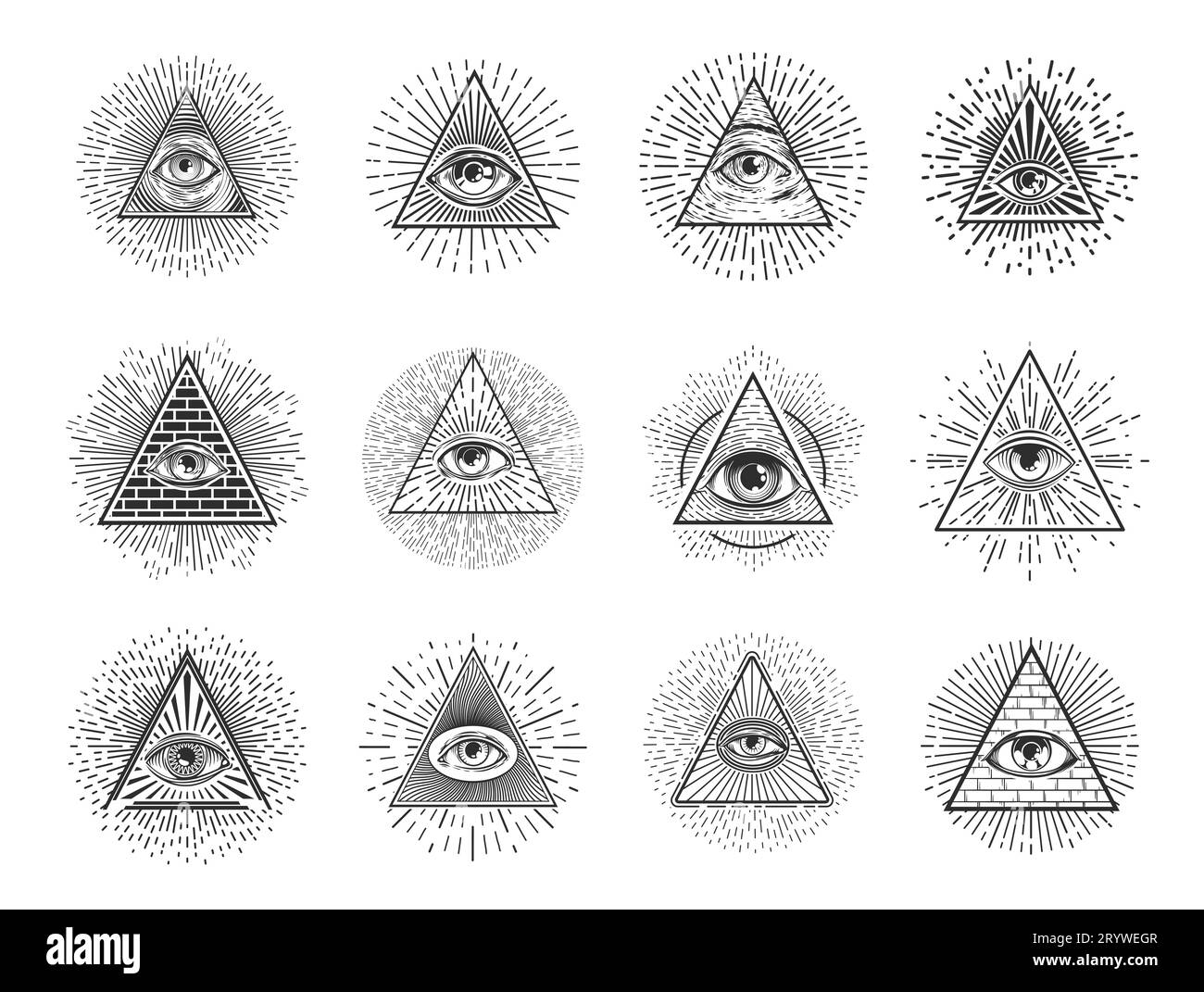 Ojos Illuminati y triángulos de pirámide de masón, providencia y símbolos vectoriales ocultos. Signos de masonería e iconos de la sociedad secreta de pirámides de albañil con ojo de providencia para la alquimia esotérica y la magia Ilustración del Vector