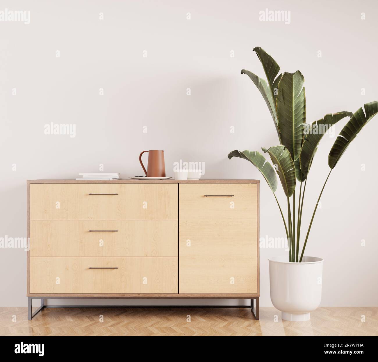 Interior moderno blanco de la sala de estar con elegante y cómodo gabinete de madera de la habitación Foto de stock