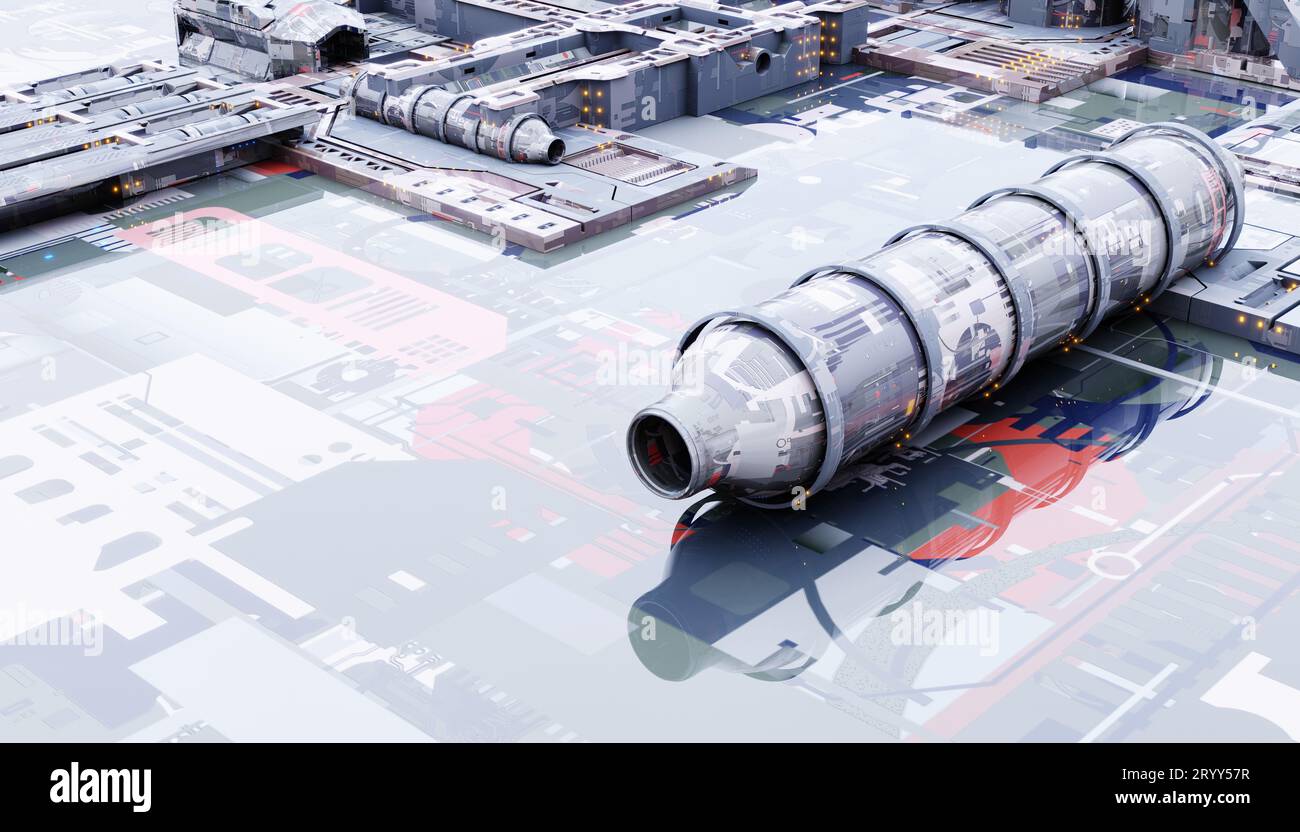 Base militar espacial con tecnología de construcción innovadora. Ciencia ficción y concepto industrial. 3D Representación de ilustraciones Foto de stock