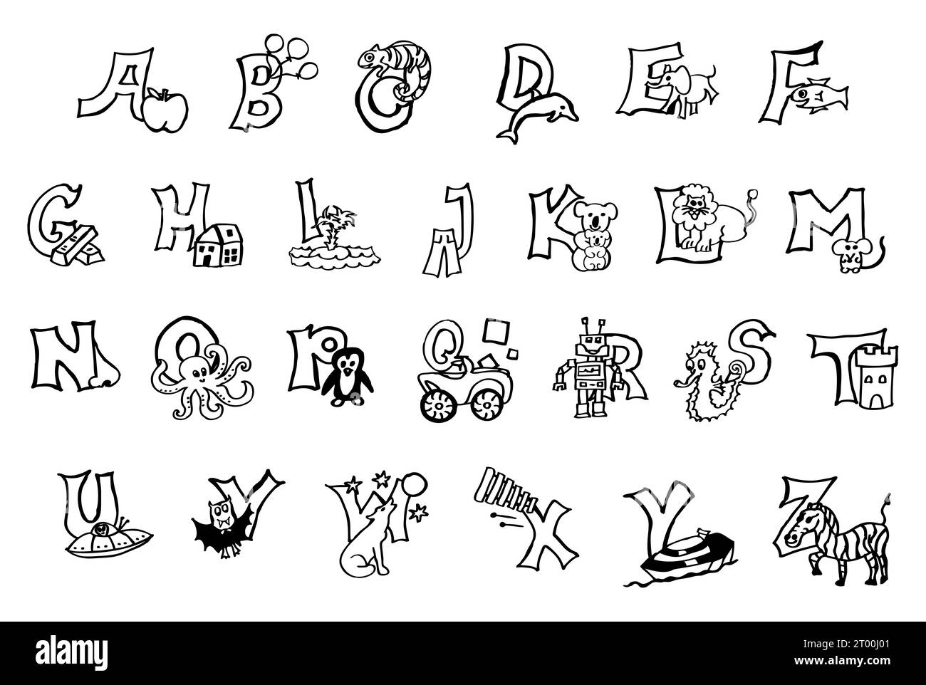 Alfabeto colorido pintado a mano con animales, aprender letras abc, escribir, leer trabajos en alemán y en inglés: Apple comienza con A en ambos idiomas Foto de stock