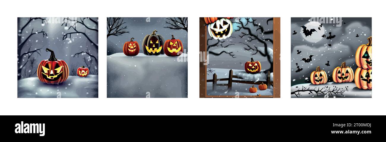 Banner set Dibujo de Halloween bajo la nieve, con calabazas naranjas en una ilustración vectorial de bosque nevado. Ilustración vectorial Ilustración del Vector