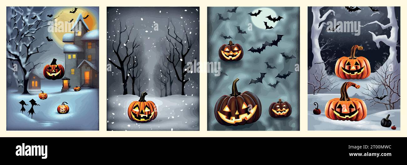 Banner set Dibujo de Halloween bajo la nieve, con calabazas naranjas en una ilustración vectorial de bosque nevado. Ilustración vectorial Ilustración del Vector