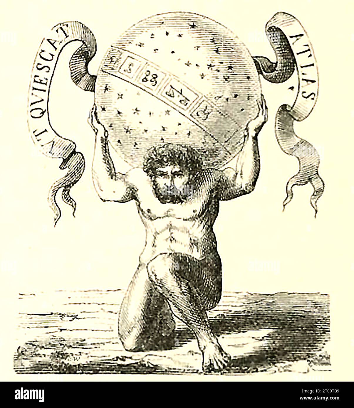 Un antiguo grabado que muestra el dispositivo o emblema de Felipe II de España con atlas sosteniendo el mundo - Un antiguo grabado que muestra el dispositivo o emblema de Felipe II de España con atlas sosteniendo el mundo. Foto de stock