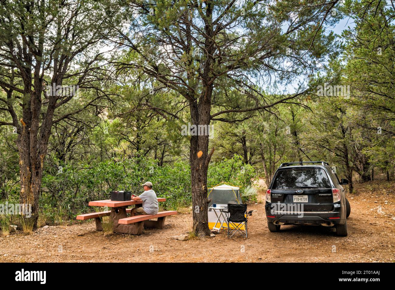 Campista en el camping Indian Hollow, Bosque Nacional Kaibab, cerca de Little Saddle en el borde norte del Gran Cañón, Arizona, EE.UU Foto de stock