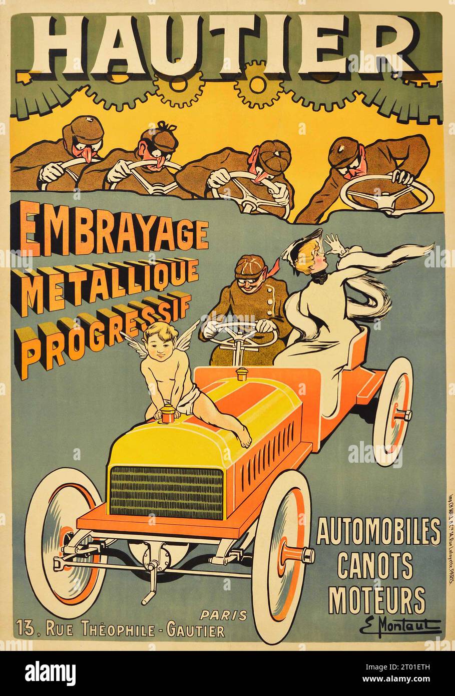 Cartel antiguo - Hautier - Automóvil - Anuncio de coche - Arte de Ernest Montaut - principios del siglo XX Foto de stock