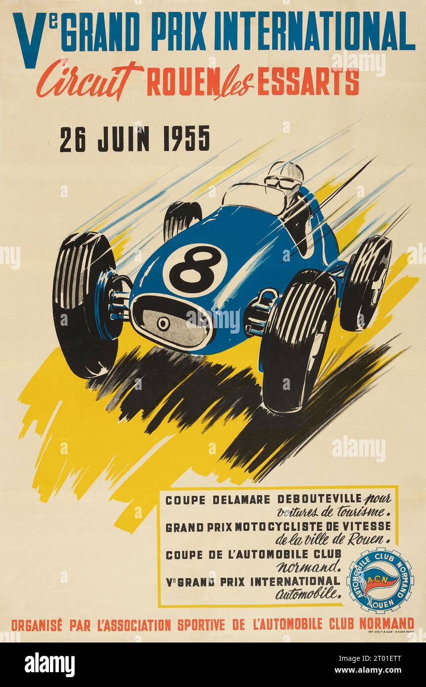 Cartel de carreras de coches vintage - ve GRAND PRIX INTERNACIONAL 1955, Circuito ROUEN les ESSARTS Foto de stock