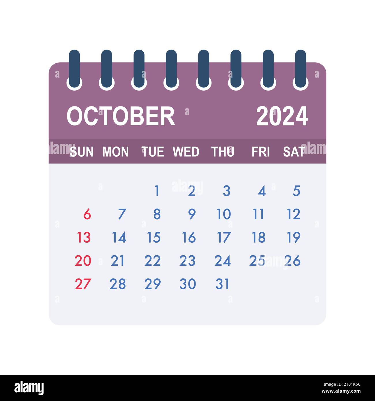 Hoja del calendario de octubre de 2024. Calendario 2024 en estilo plano