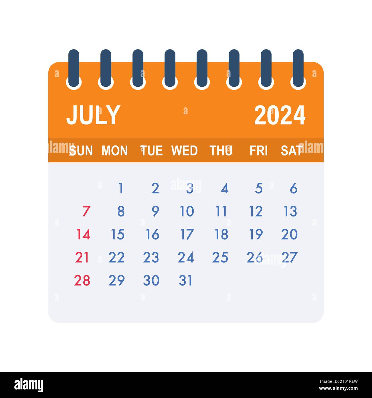 Hoja del calendario de julio de 2024. Calendario 2024 en estilo plano