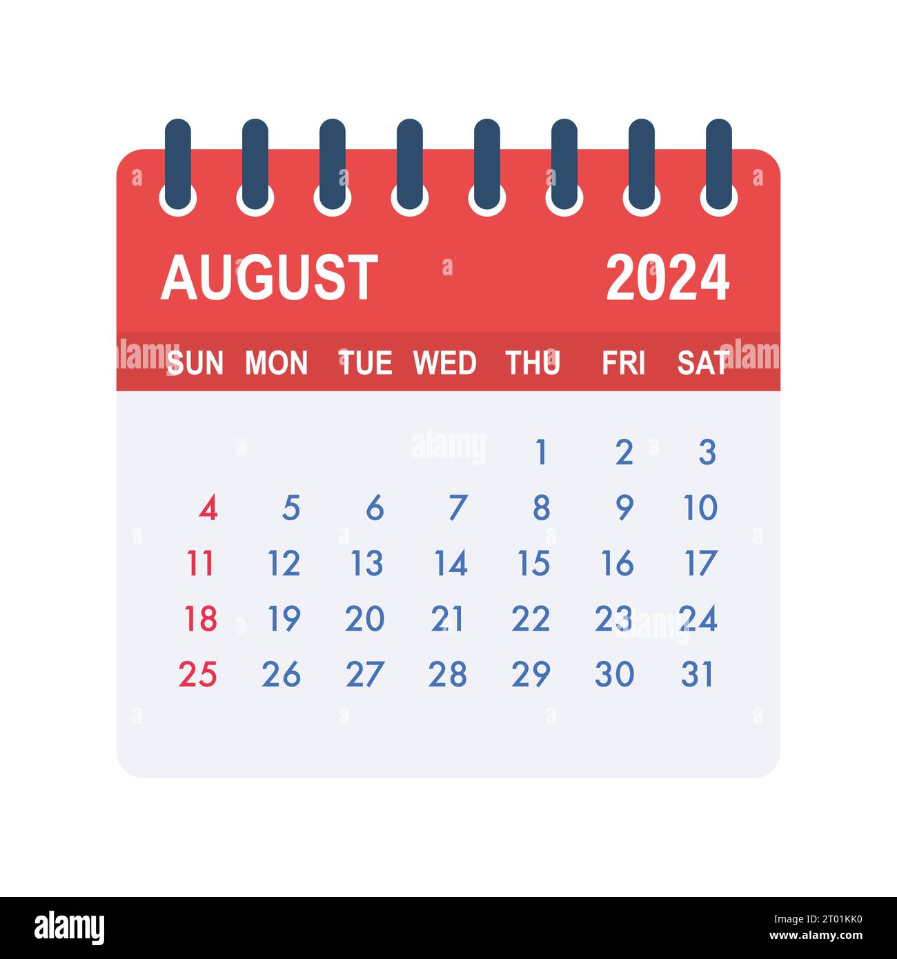 Hoja del calendario de agosto de 2024. Calendario 2024 en estilo plano