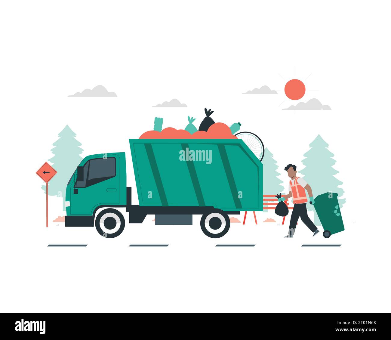 Camión y hombre con bolsa llena de basura y un hombre recogiendo la basura. Ilustración vectorial de diseño de estilo plano para prácticas de sostenibilidad conceptual Ilustración del Vector