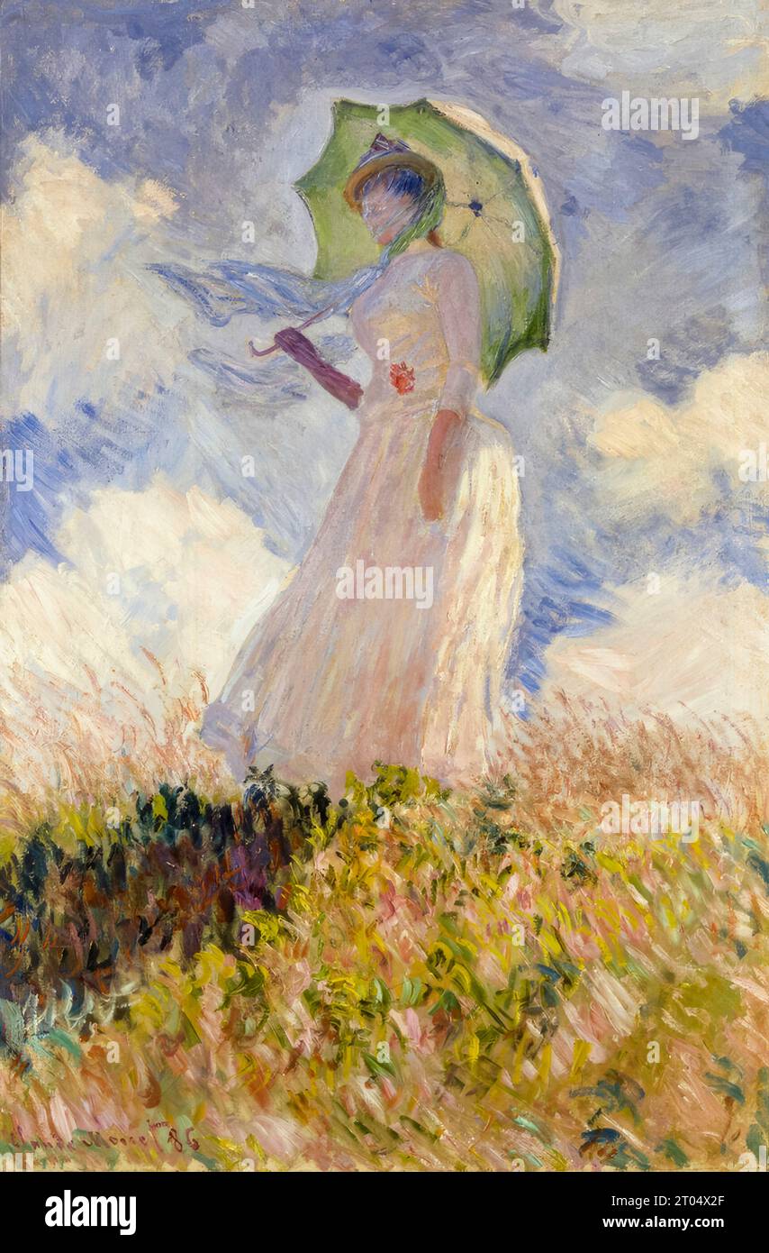 Claude Monet, Mujer con sombrilla, giró hacia la izquierda, pintura impresionista al óleo sobre lienzo, 1886 Foto de stock
