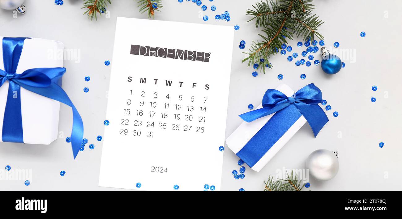 Calendario de papel para el 2024 de diciembre con regalos y