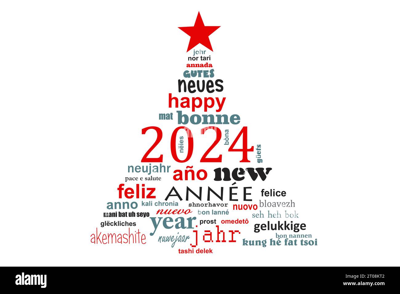 2024 año nuevo multilingüe texto palabra nube tarjeta de felicitación en forma de un árbol de navidad Foto de stock