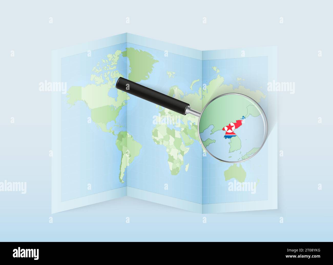 Un mapa del mundo doblado con una lente de aumento apuntando hacia Corea del Norte. Mapa y bandera de Italia en lupa. Ilustración vectorial en tono de color azul. Ilustración del Vector
