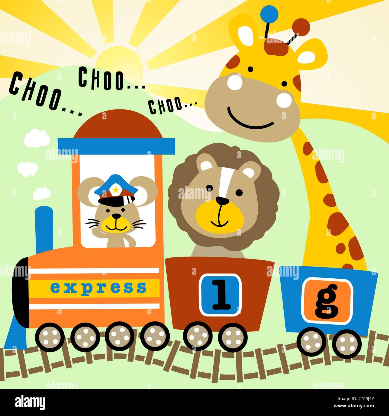 Animales divertidos en tren de vapor, pequeño ratón el maquinista con león y jirafa en carro, ilustración de dibujos animados vectorial Ilustración del Vector