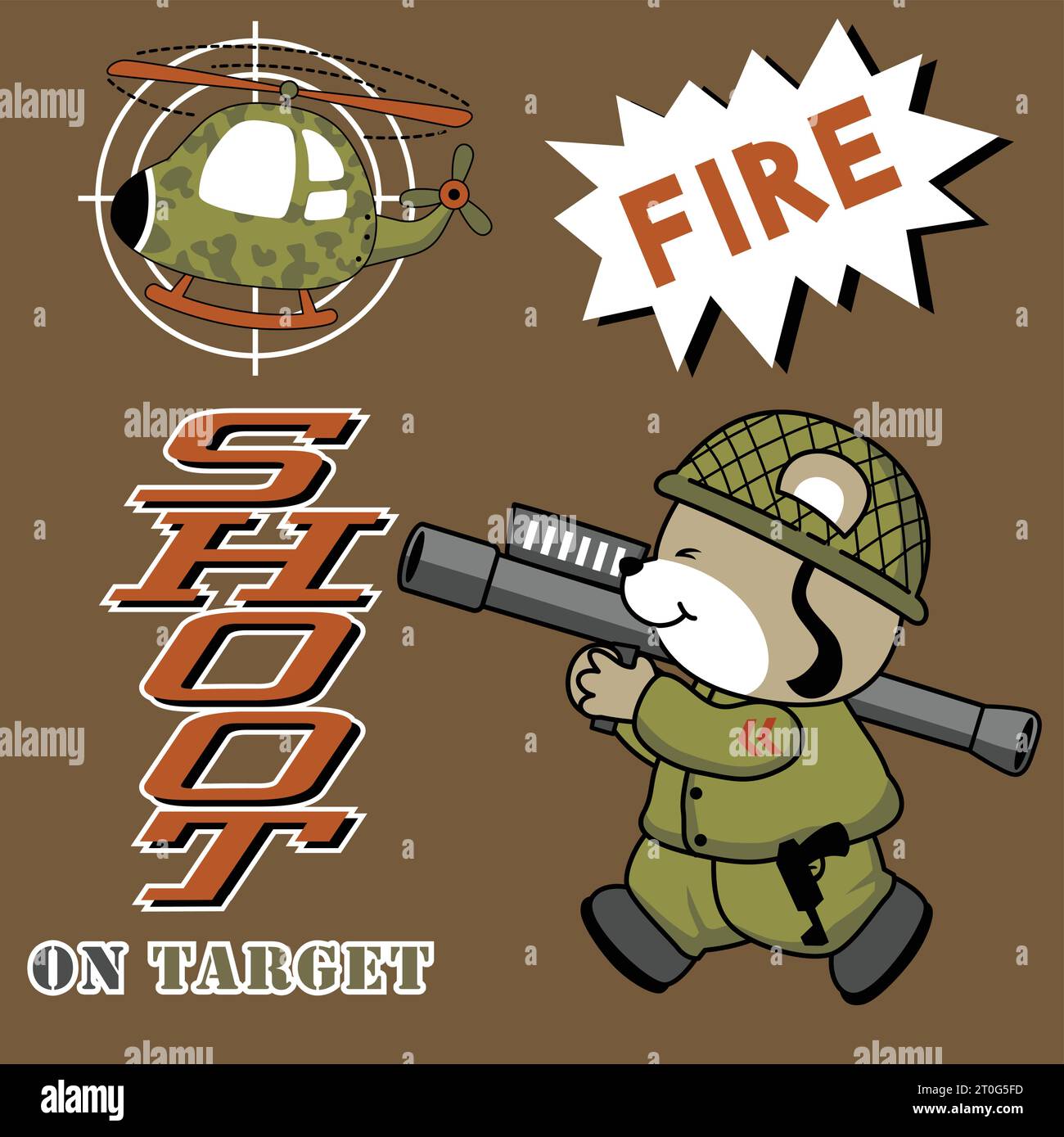 Divertido oso soldado disparar un helicóptero militar con bazooka, ilustración vectorial de dibujos animados Ilustración del Vector