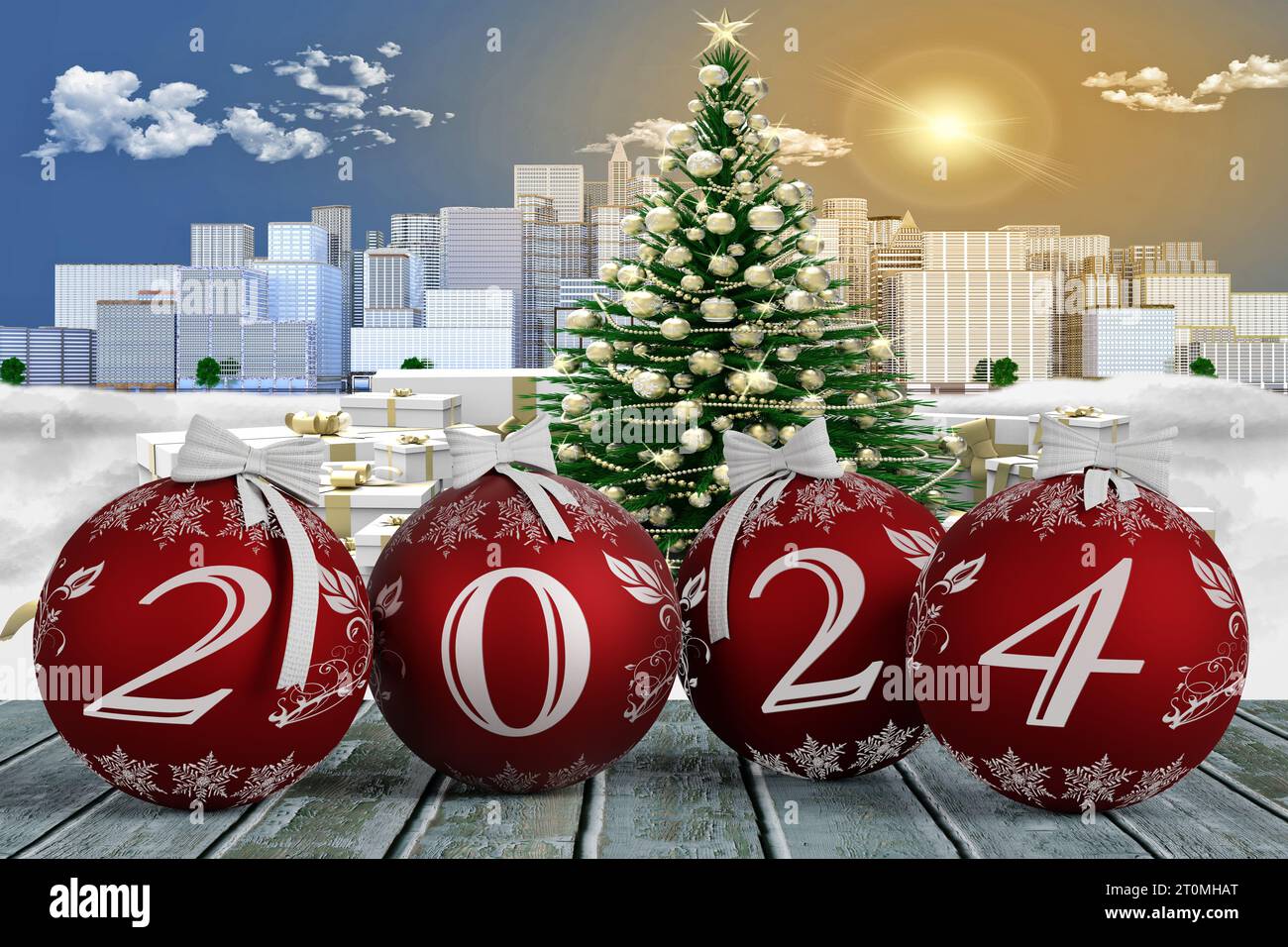 3D ilustración. Año Nuevo 2024. Año Nuevo 2024 en números y con