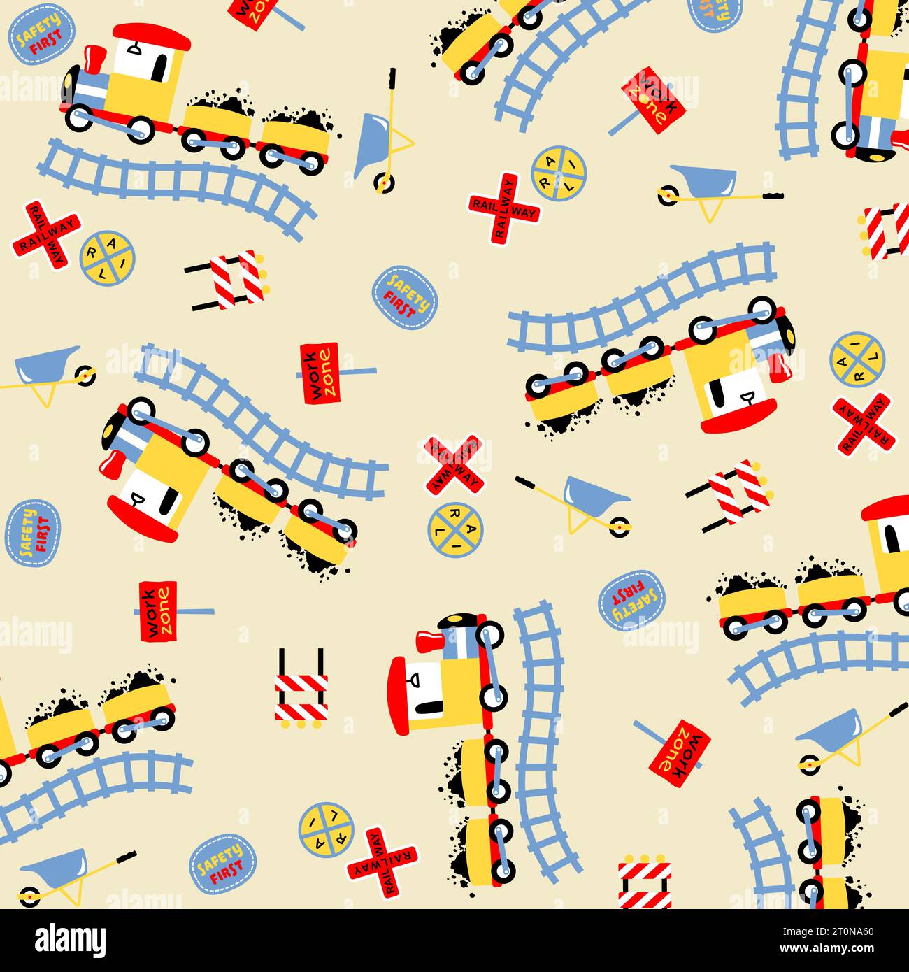 Vector patrón de dibujos animados. Tren de vapor con señales ferroviarias. Ilustración del Vector