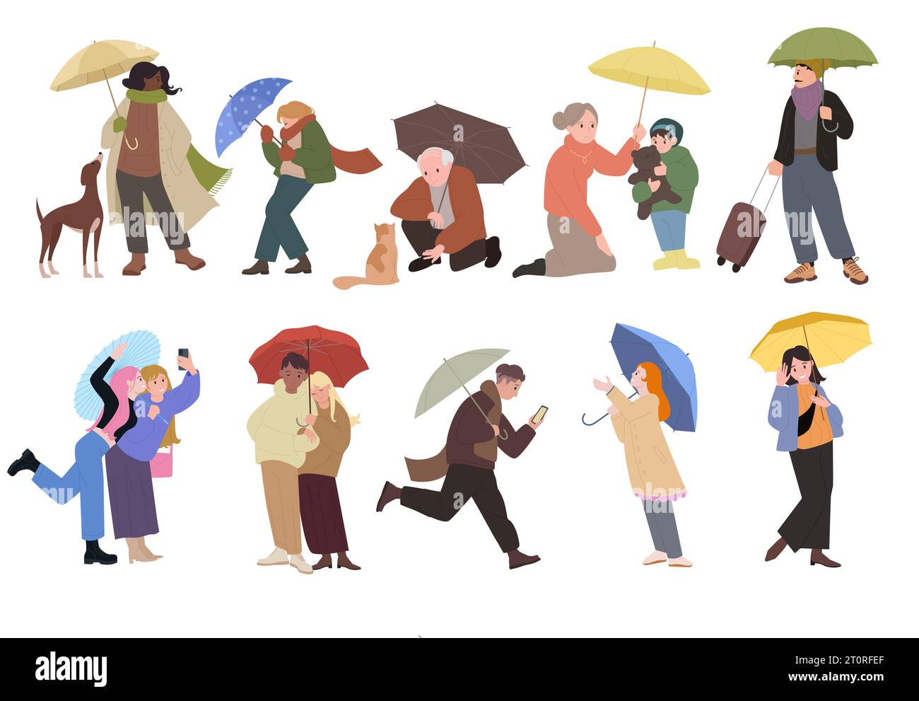 Personas sosteniendo paraguas para proteger de la lluvia conjunto ilustración vectorial. Hombre o mujer aislados de dibujos animados caminando en tiempo lluvioso, colección de varios personajes adultos y niños con sombrillas húmedas Ilustración del Vector