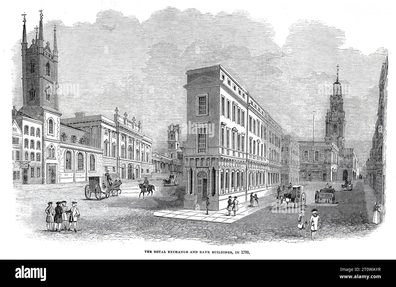 Edificios de la Bolsa Real y del Banco, Londres en 1780. Ilustración en blanco y negro del London Illustrated News; 1844. Foto de stock