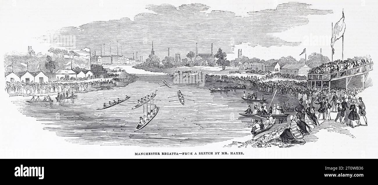 1844 de agosto: Regata de Manchester y Salford en el río Irwell. Ilustración en blanco y negro del London Illustrated News; 1844. Foto de stock