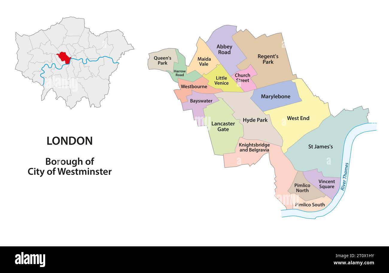 Mapa vectorial Ciudad de Westminster Wards, Londres, Reino Unido Foto de stock