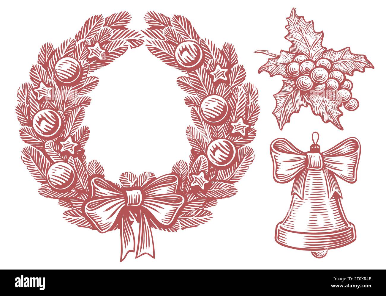 Corona de Navidad ramitas de abeto y bolas y lazo, campana, bayas de acebo. Dibujado a mano ilustración vectorial de boceto vintage Ilustración del Vector