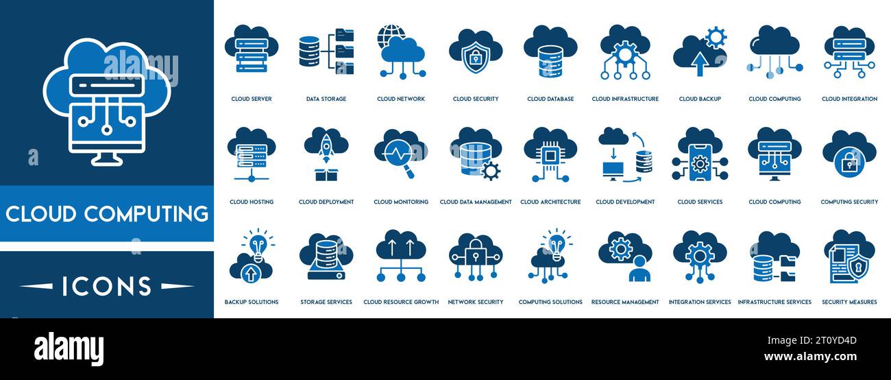 Conjunto de iconos de computación en la nube de línea, servicios en la nube, servidor, ciberseguridad, transformación digital. Recopilación de iconos de esquema. Ilustración del Vector